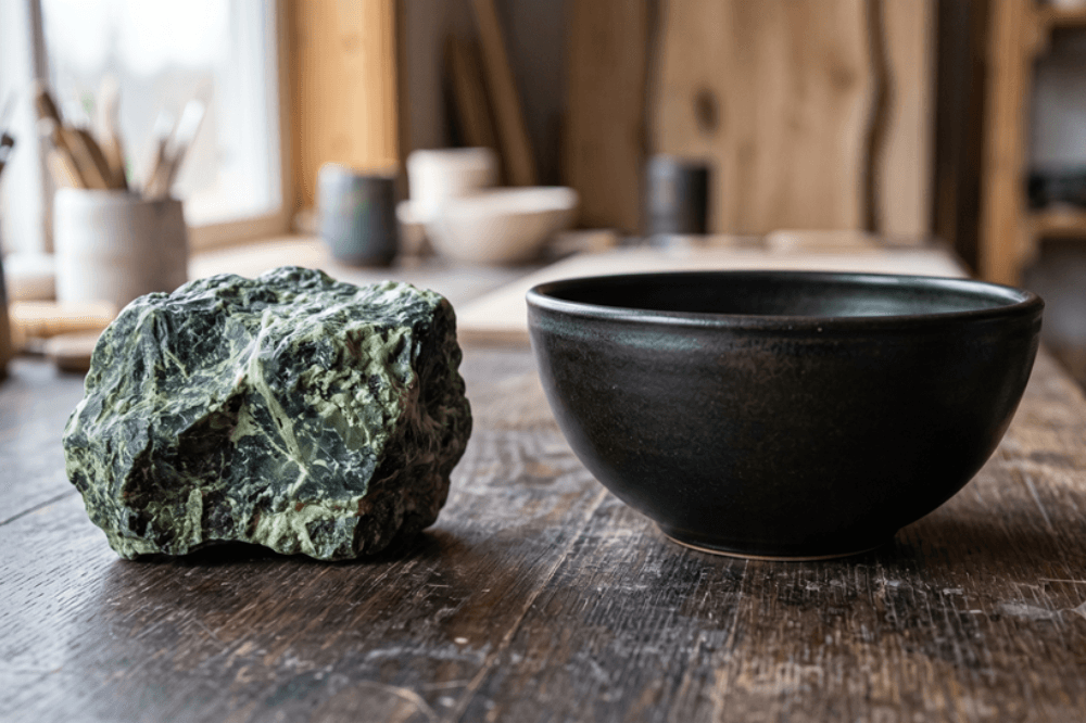 Raw serpentinite rock used in Longpi black stone pottery alongside a finished handmade bowl