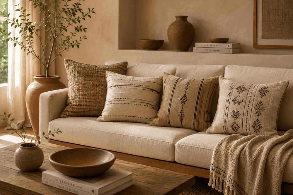 Handwoven cotton cushion covers styled on a sofa in warm minimalist tones