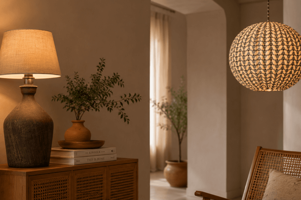 Terracotta lamp base and cane pendant lamp styled together in a warm minimalist room